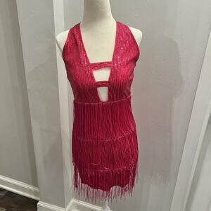 Double Crazy Halter Top Sequin Fringe Hot  Pink Size Small